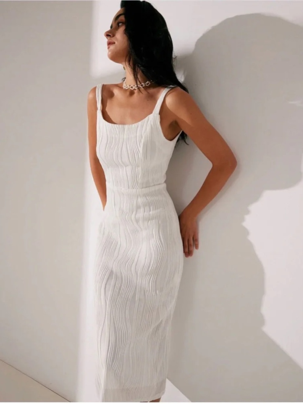 NWT RIHOAS The Water Ripple Textured White Backless Midi Dress